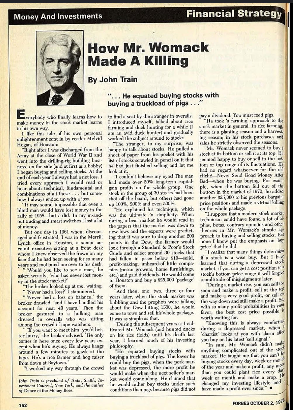 Forbes magazine, October 2, 1978, page 152: 'How Mr. Womack Made A Killing' by John Train
